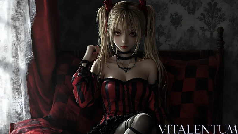 Gothic anime girl rests in dimly lit, red-black bedroom.