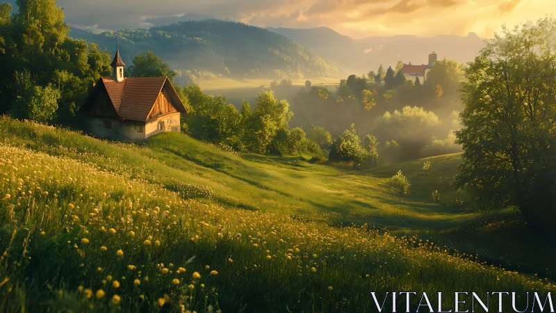 Sunlit chapel above wildflower meadow in misty valley.