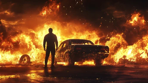 Silhouetted Figure Confronts Blazing Vehicle in Inferno.
