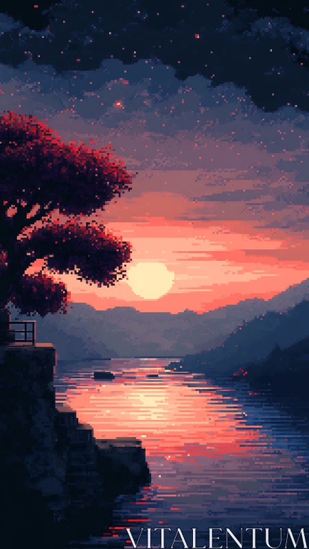 Pixel art landscape depicts sunset over calm reflective water