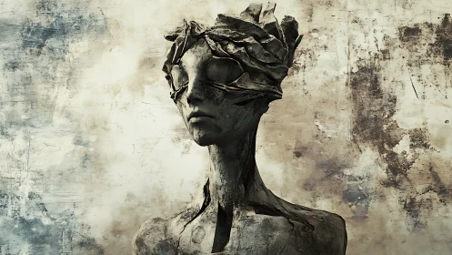 Weathered humanoid sculpture with layered crown and bandage.