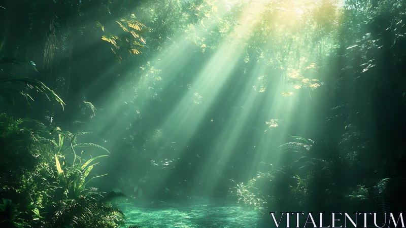 Sunlit jungle pool glowing with gentle emerald light.