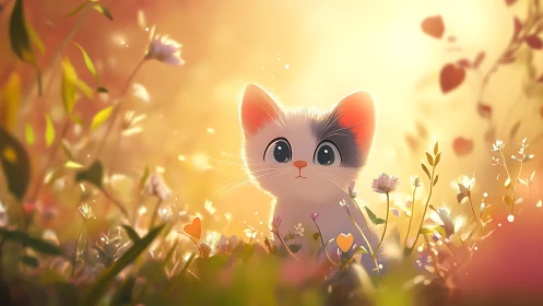 Kitten in Golden Flower Field at Sunset.