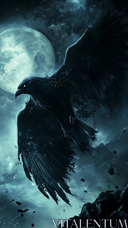 Midnight raven erupts beneath a haunted, stormlit moon.
