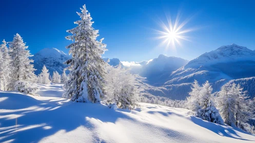 Snow covered mountain valley under bright winter sun
