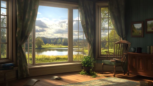 Country room interior overlooking bright riverside meadow.