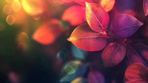 Multicolored leaves with blurred bokeh light background.