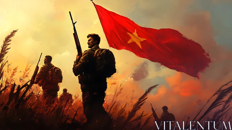 Soldiers carrying rifles under large red flag at sunset.