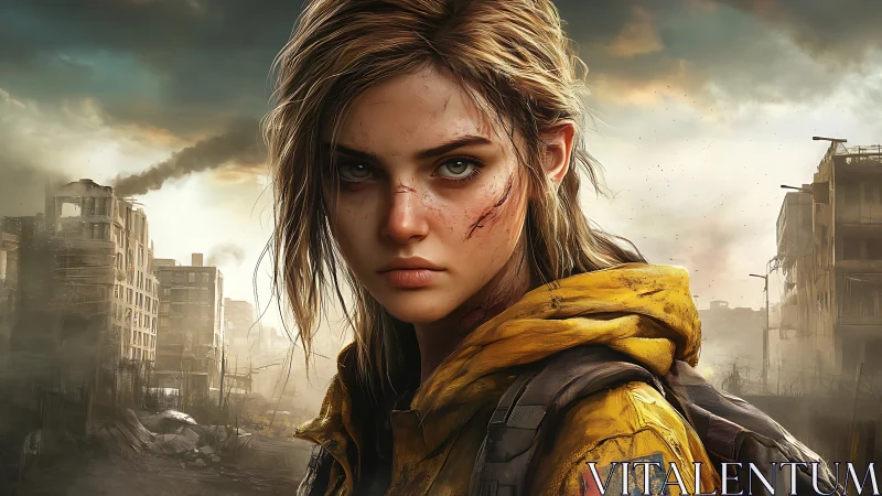 Defiant young survivor stands strong in a ruined cityscape