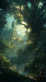 Ancient underground cavern illuminated by golden sunlight filtering through dense vegetation.