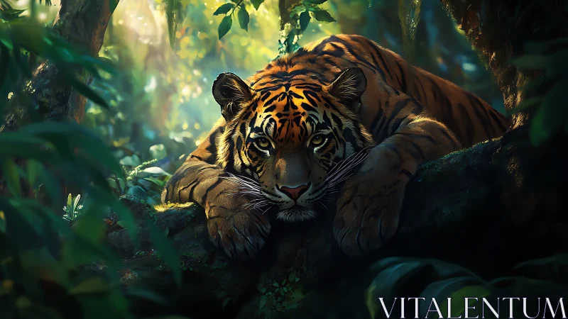 Solitary tiger resting on moss-covered forest log at dusk.