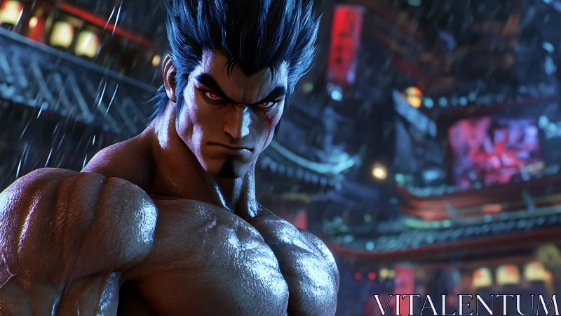 Determined warrior stands strong in a rain soaked neon city.