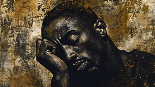 Textured monochrome portrait of resting man in chiaroscuro.