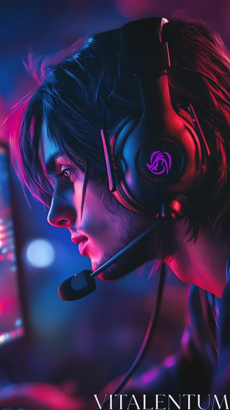 Neon-lit gamer lost in focus at a glowing night desk.
