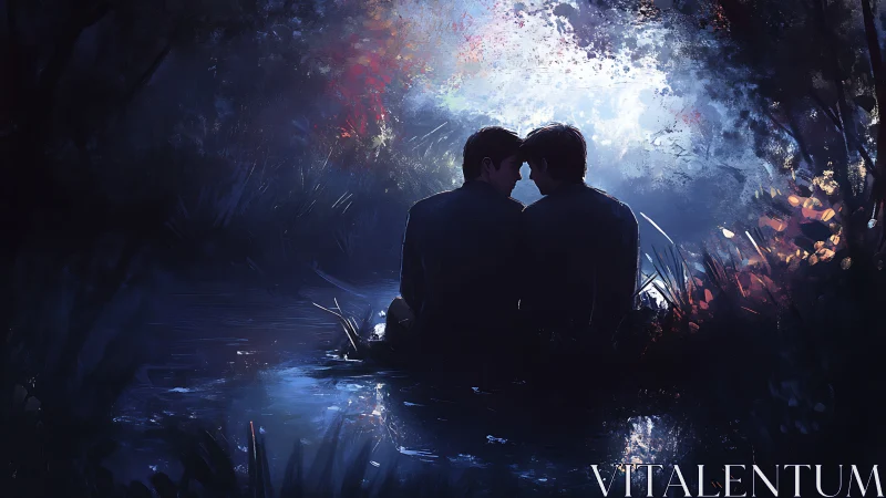 Two figures silhouetted in a glowing cave tunnel