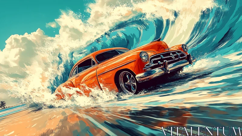 Classic orange coupe cuts through towering turquoise surf