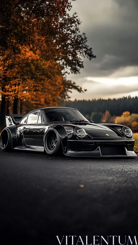 Black widebody sports car parked on road in autumn light.