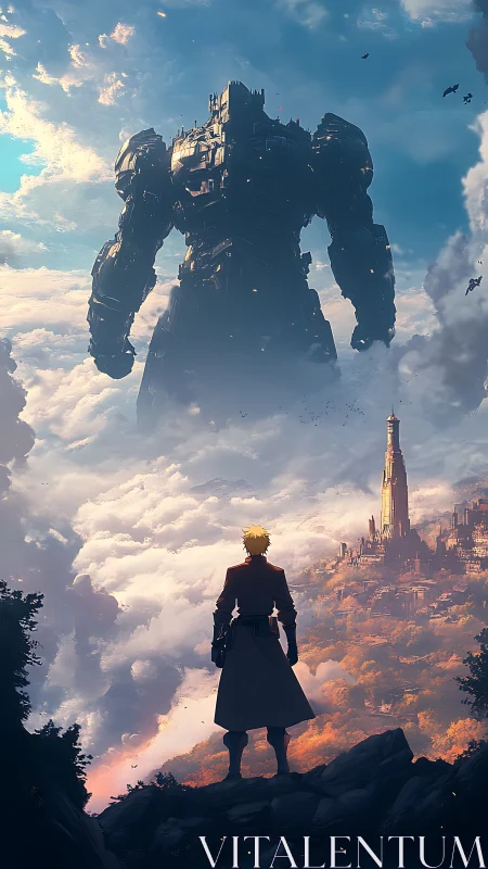 Lone hero confronting colossal mech above sky citadel.