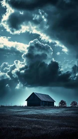 Lonely barn stands beneath dramatic stormlit twilight clouds