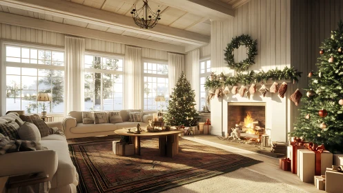Sunlit living room with Christmas decor and fireplace glow.