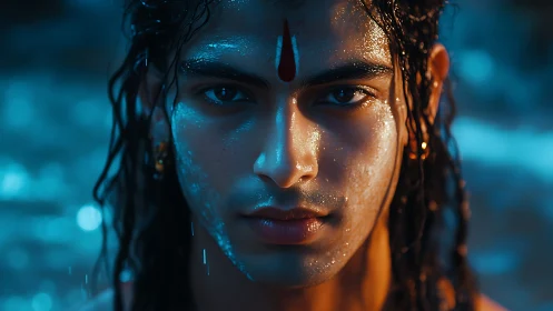 Hyperreal wet portrait of young man with forehead mark in blue light