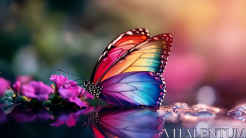 Butterfly rests on wet reflective surface beside pink flowers