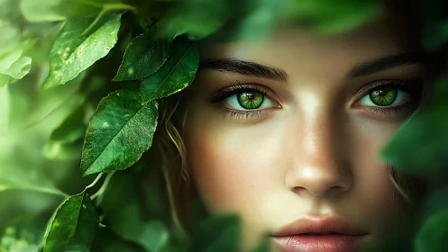 Emerald eyed woman gazes through lush green forest leaves