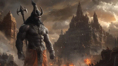 Mythic horned warrior towers before burning temple city