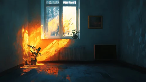 Interior scene shows sunlight illuminating potted plants