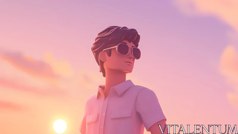 Stylized 3D male figure in sunglasses under pastel sunset sky