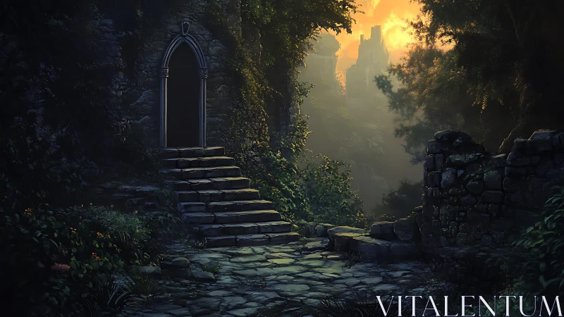 Stone stairway leads to dark doorway in overgrown ruins