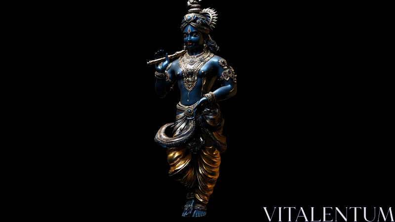 Dark-toned flute player statue with ornate metallic adornments.