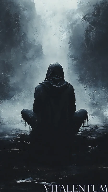 Hooded figure resting in mist, finding calm in the dark.