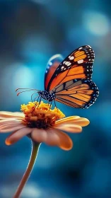 Monarch butterfly on orange daisy over soft blue bokeh background.