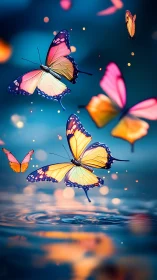 Luminous butterflies drift above glowing blue water ripples