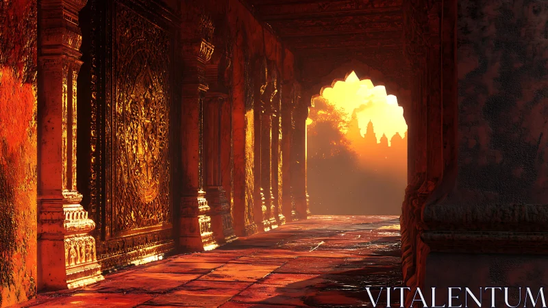 Sunlit temple corridor with ornate carved stone columns.