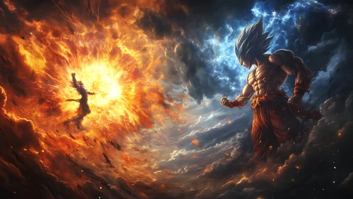 Blazing energy warrior calmly faces a swirling cosmic blast