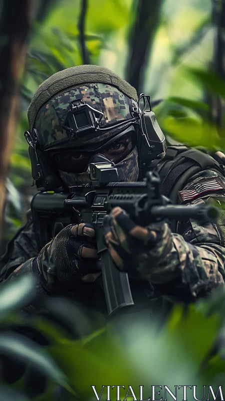 Calm soldier moves with focus through lush green jungle.