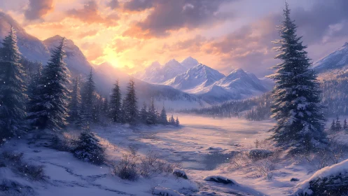 Sunlit alpine pines glow over a tranquil winter valley.