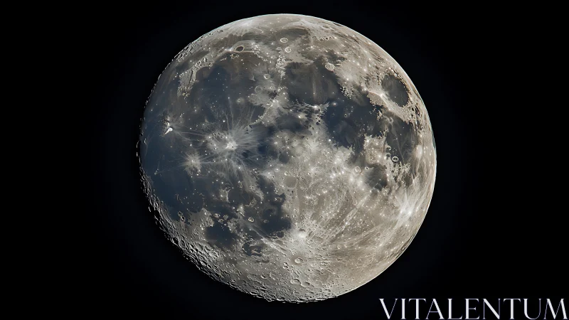 Detailed moon surface with craters and ray systems in space.