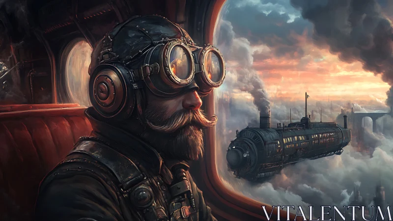 Steampunk sky traveler watching a cloudbound locomotive dream.
