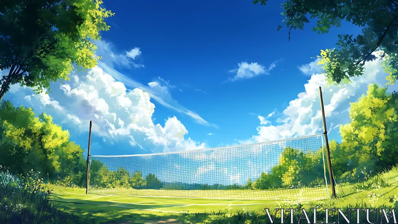 Sunlit outdoor badminton court rendered in luminous anime style