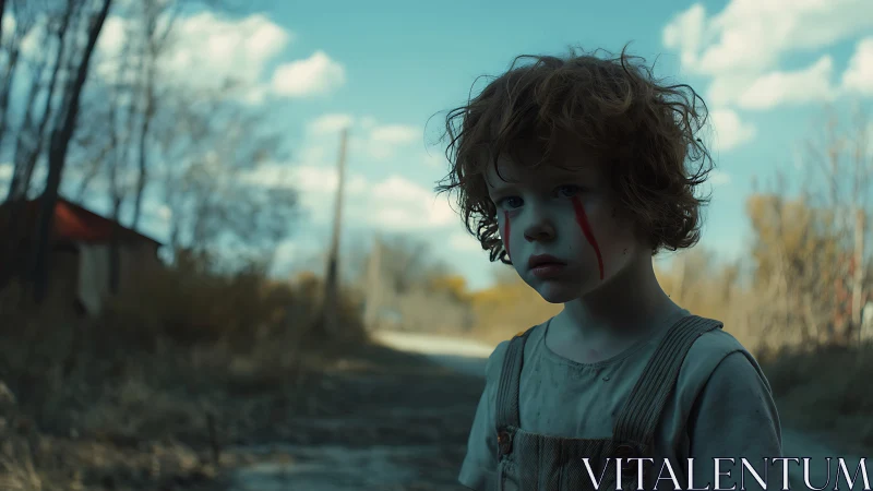 Small wanderer haunts a quiet road with crimson tears