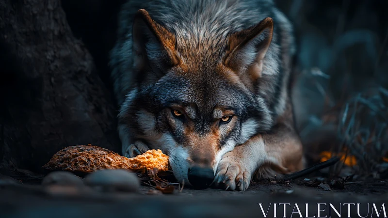 Wolf studies glowing forest fungus in low light forest floor