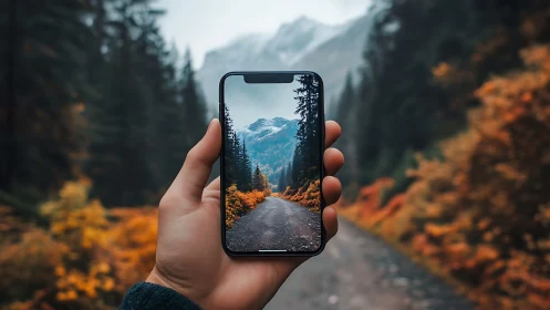 Photorealistic smartphone window on alpine forest pathway.