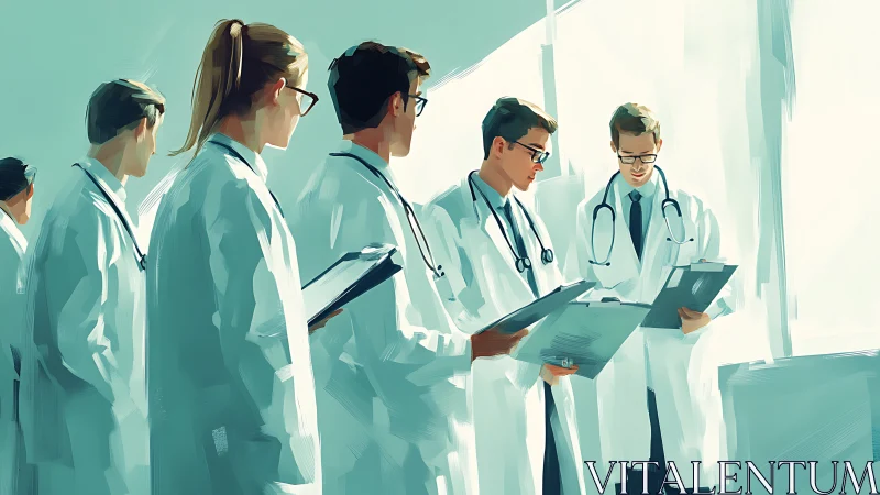 Medical team huddle in bright hospital corridor painting.