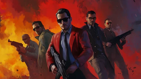 Stylized gunmen lineup against explosive chromatic backdrop.