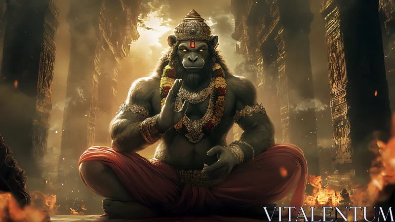Divine simian warrior deity in meditative temple inferno