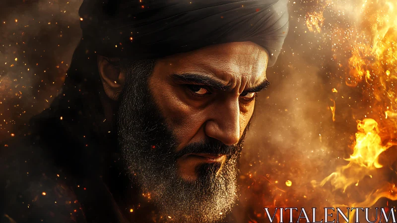 Intense bearded warrior in flames with dramatic rim lighting.