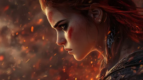 Battle-scarred warrior profile with ember-lit rim lighting and ash